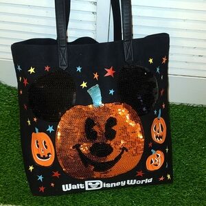 Walt Disney World Canvas Tote Bag Halloween Sequin Pumpkin Mickey Mouse New